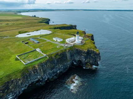 Aerial view of the lighthouse at Noss Head, North Sea coast, Wick, County Caithness, Scotland,