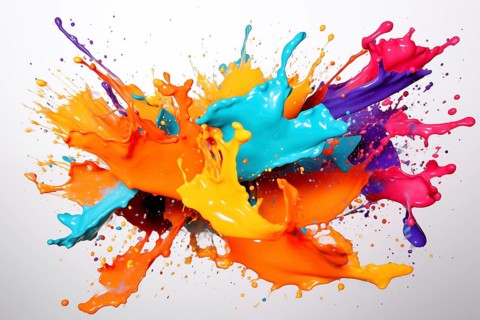 Abstract background of vibrant colorful paint splashes on black background, AI generated