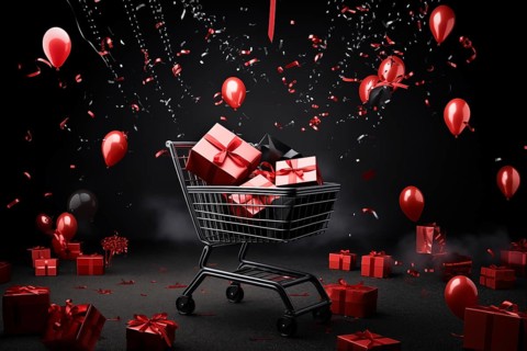 A black Friday Sale concept, black present boxes with red ribbons in shopping cart on a black