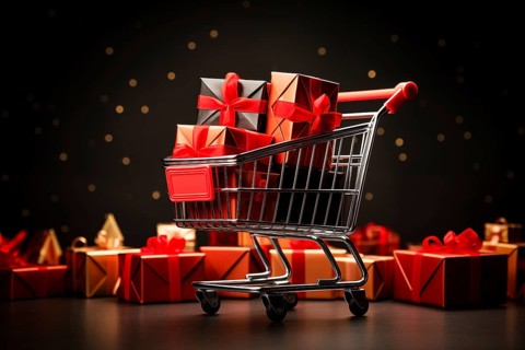 A black Friday Sale concept, black present boxes with red ribbons in shopping cart on a black