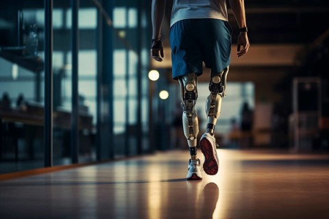 Amputee sportsman walking in corridor with bionic prosthetic legs prosthesis with robotic
