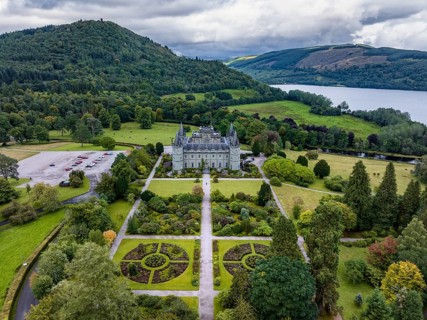 Aerial view of Inveraray Castle seen from the southwest, Argyll and Bute, Scotland, United Kingdom,