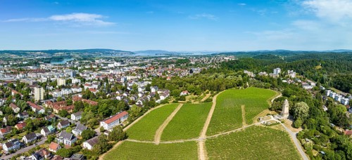 Aerial panorama of the Bismarck Tower on the Raiteberg in the northern part of the city of