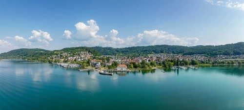 Aerial panorama of Lake Constance with the municipality of Bodman-Ludwigshafen with the marina and