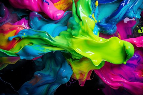 Abstract background of vibrant colorful neon colored paint splashes on black background, AI