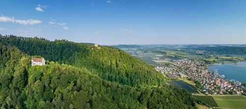 Aerial panorama of Lake Constance with Frauenberg Castle, also known as Frauenberg Castle, behind