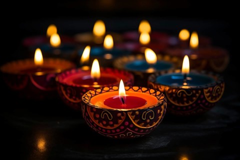 Diwali indian festival of lights background, burning diya lamps on a decorated table close up, AI