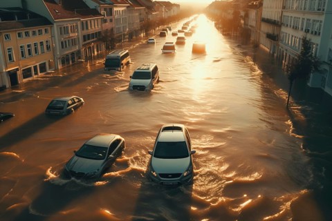 Climate change disaster flood catastrophe concept background, cars in flooded street of European