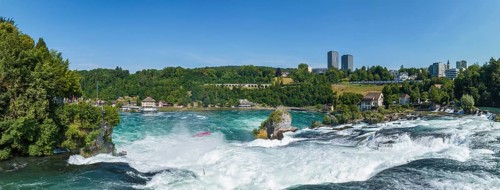 Aerial panorama of the Rhine Falls, viewing terrace on the left, Neuhausen, Canton Schaffhausen,