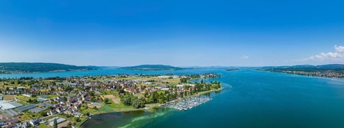 Aerial panorama of the western part of the island of Reichenau, on the horizon from the left the
