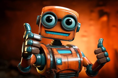 Orange robot showing a thumbs up gesture. The friendly robot has big round eyes and a friendly