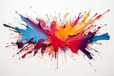 Abstract background of vibrant colorful paint splashes on black background, AI generated
