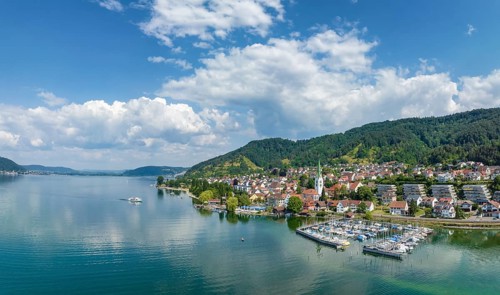 Aerial panorama of Lake Constance with the village of Sipplingen, Lake Constance district