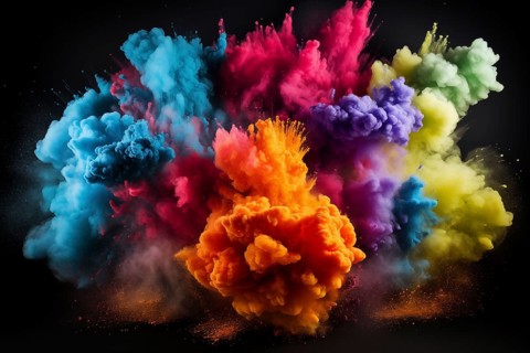 Holi background, vibrant and colorful powder smoke explosion on black background, AI generated