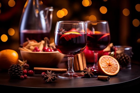 Two glasses of traditional mulled wine with orange and cranberry garnishes on a cozy Christmas