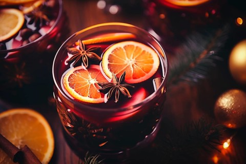 Glass of traditional mulled wine with orange and cranberry garnishes on a cozy Christmas table. The