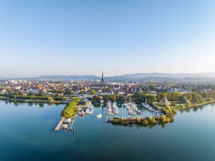 Aerial view of the town of Radolfzell on Lake Constance with the WÃ¤schbruckhafen, harbour pier,