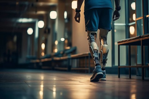 Amputee sportsman walking in corridor with bionic prosthetic legs prosthesis with robotic