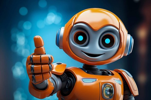 Orange robot showing a thumbs up gesture. The friendly robot has big round eyes and a friendly