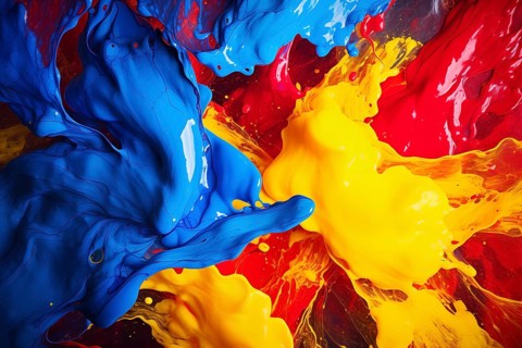 Abstract background of vibrant colorful paint splashes on black background, AI generated