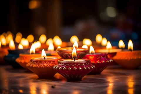 Diwali indian festival of lights background, burning diya lamps on a decorated table close up, AI