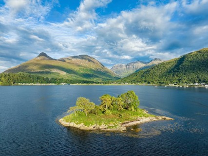 Aerial view of the western part of Loch Leven with the historic Isle of Discussion, above it the