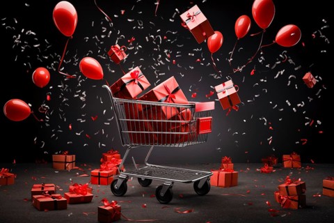 A black Friday Sale concept, black present boxes with red ribbons in shopping cart on a black