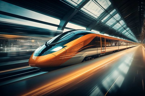 Modern high speed train in a futuristic train station. Modern transportation technology, speed,