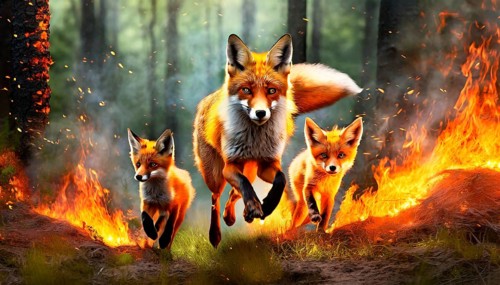 Climate change, global warming, environmental disaster, a red fox, a fawn, flees with her pups from