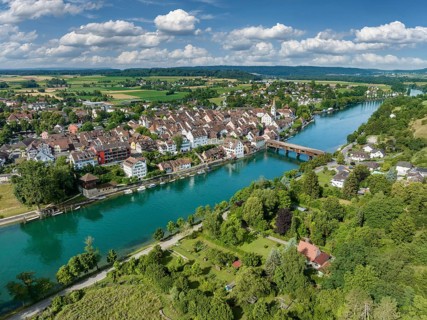 Aerial view of Diessenhofen with the historic wooden bridge over the Rhine, Canton Thurgau,