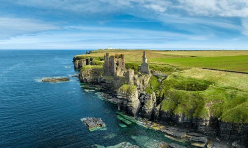 Aerial view of Girnigoe and Sinclair Castle ruins, rock castle on the North Sea coast, Wick, County