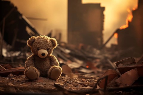 A poignant concept image depicting the tragic impact of war on children. A sad teddy bear toy sits