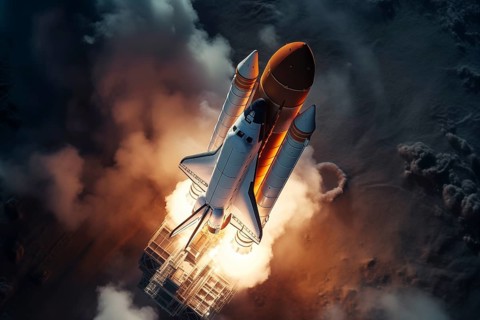 Aerial view of a rocket shuttle carrier launch at sunrise over an ocean coast. The rocket is