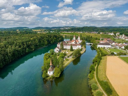 Aerial view of the former Benedictine abbey with the monastery church of St. Mary and the pointed