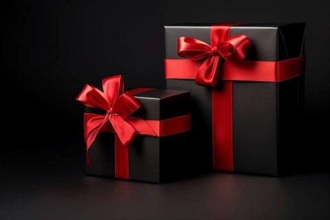 A black Friday Sale concept with black present boxes with red ribbons on a black background, AI