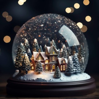 Winter Wonderland with house and trees in Glass Ball Snow Globe on table and blurred bokeh