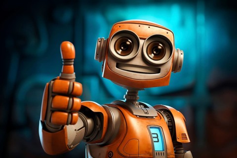 Orange robot showing a thumbs up gesture. The friendly robot has big round eyes and a friendly