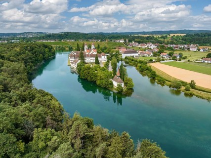 Aerial view of the former Benedictine abbey with the monastery church of St. Mary and the pointed