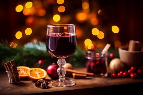 Glass of traditional mulled wine with orange and cranberry garnishes on a cozy Christmas table. The