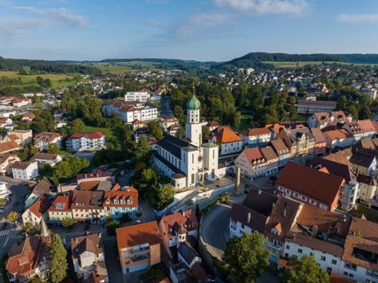Aerial view of the town of Stockach with the church of St. Oswald in the upper town, historic town