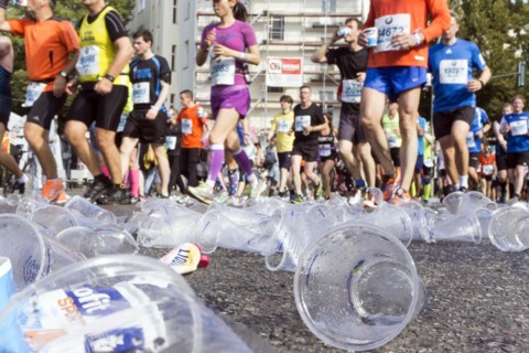 Empty drinking cups lying on the street along the marathon route, Berlin, 25.ö09.2016