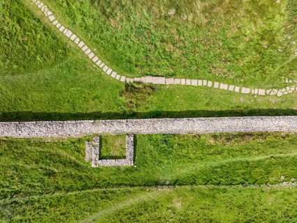 Aerial view, top down view of Hadrian's Wall with foundations of former watchtower, Steel Rigg,