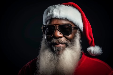 Modern black Santa Claus in Santa hat with sunglasses and long white beard, smiling while looking