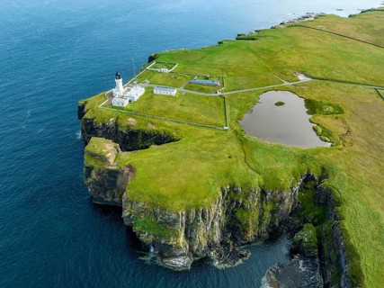 Aerial view of the lighthouse at Noss Head, North Sea coast, Wick, County Caithness, Scotland,