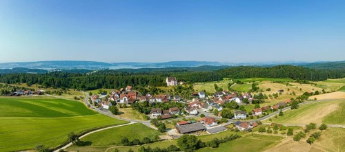 Aerial panorama of the village Freudental with the castle Freudental on the Bodanrück, on the right