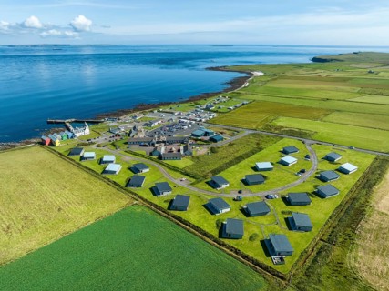 Aerial view of the village of John o' Groats, the north-easternmost point of Great Britain with
