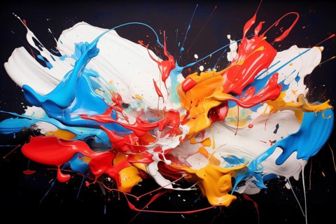 Abstract background of vibrant colorful paint splashes on black background, AI generated