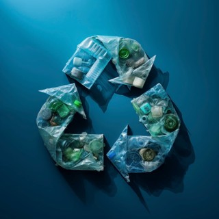Recycle sustainability plastic pollution concept, recycling symbol made of recycled plastic bottles
