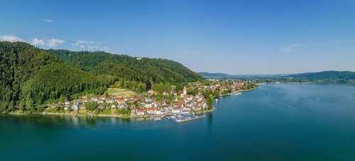 Aerial panorama of Lake Constance with the village of Bodman, Bodman-Ludwigshafen, Constance
