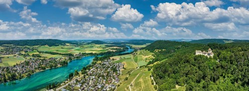 Aerial panorama of Hohenklingen Castle near Stein am Rhein, Canton Schaffhausen, Switzerland,